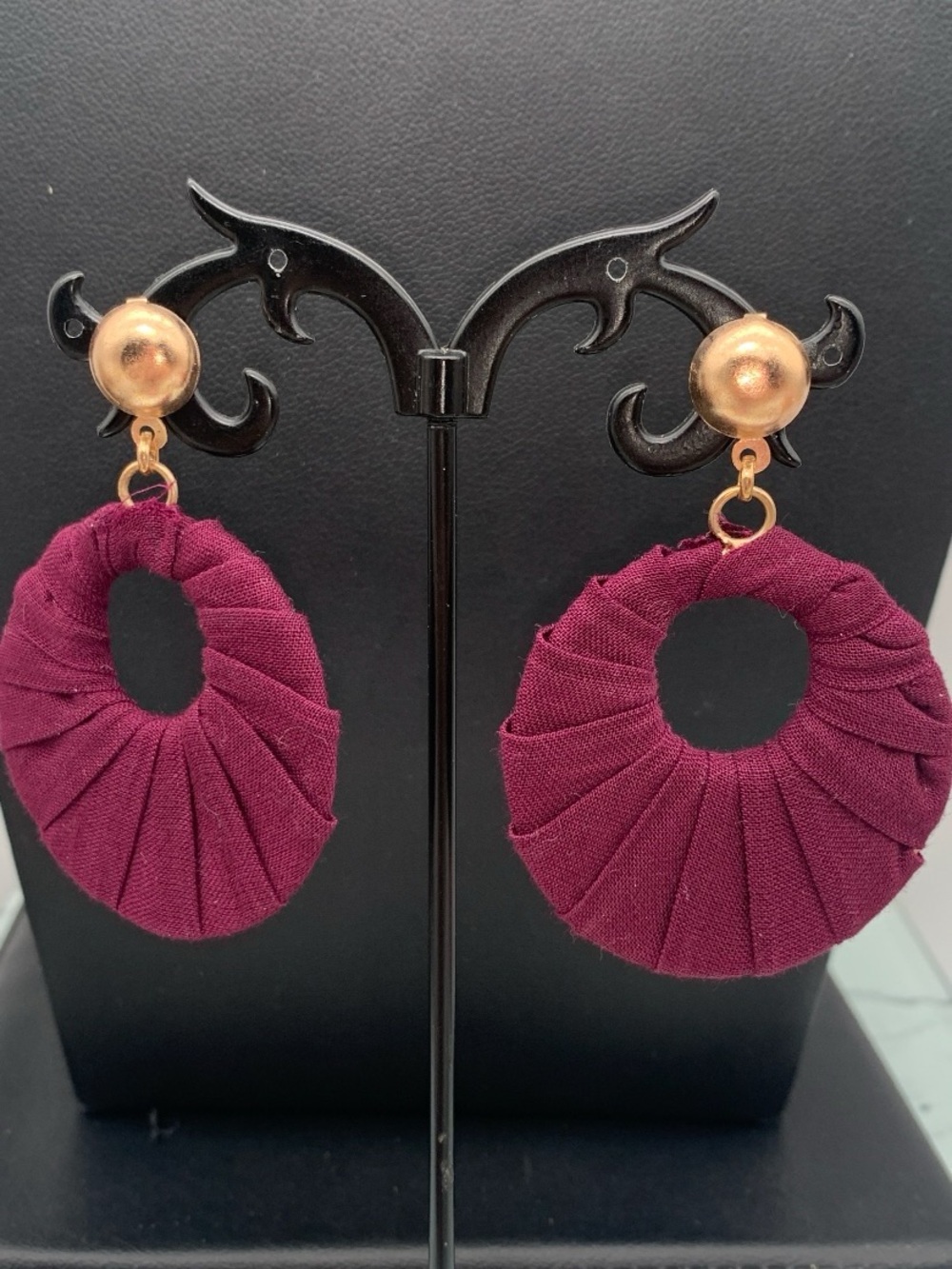 Gold-Accent Burgundy Fabric Hoop Earrings - great fall colors Women Jewelry